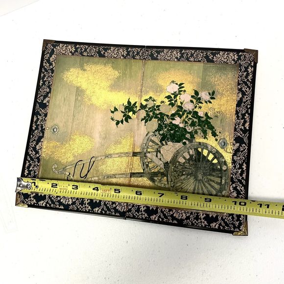Japanese Folding Screen Flower Cart Painting 2-panel With Gold Fabric Trim 10x8 - Picture 5 of 8
